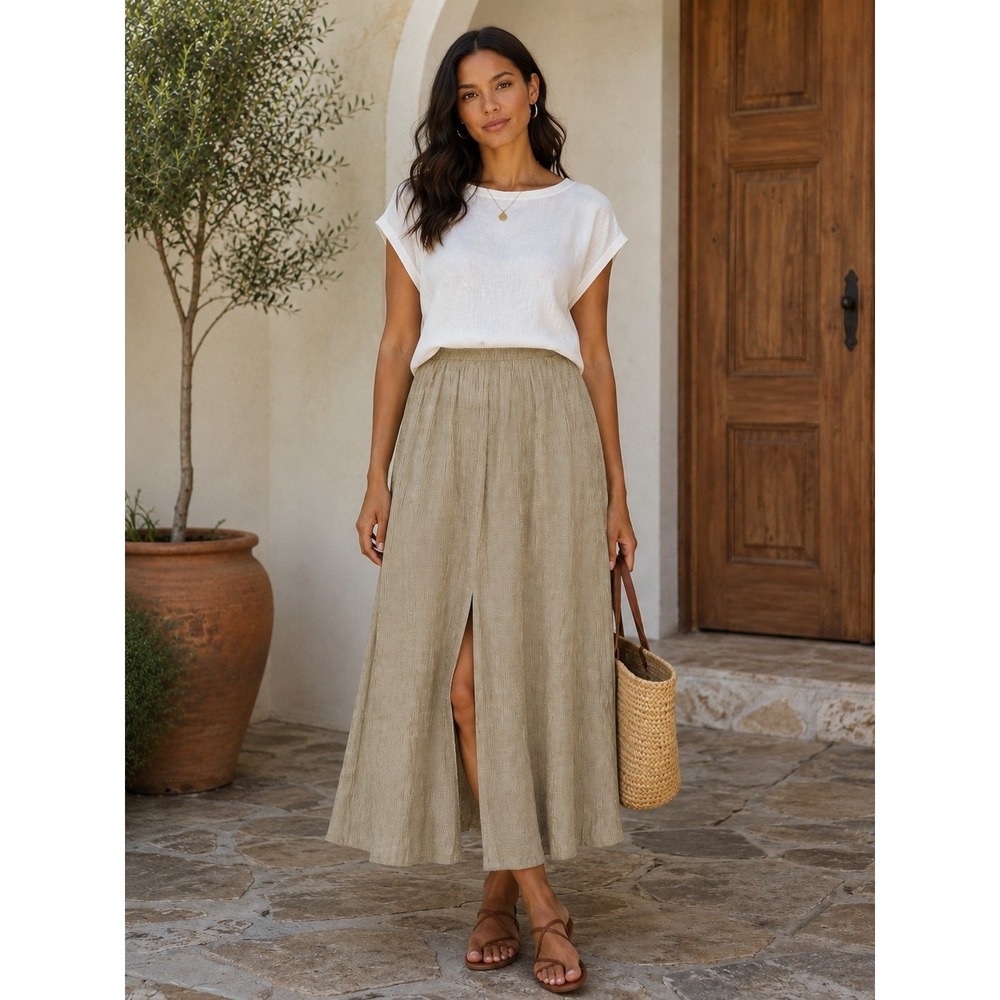 Womens Crinkle Midi Skirt Sz S Front Slit Textured Boho Cottagecore Made In USA